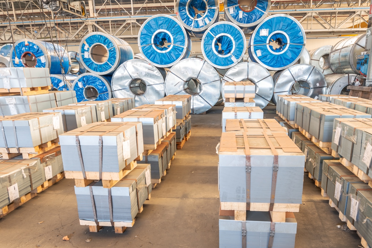 Industrial warehouse with shelves and loaders. Bottom view, metal colis